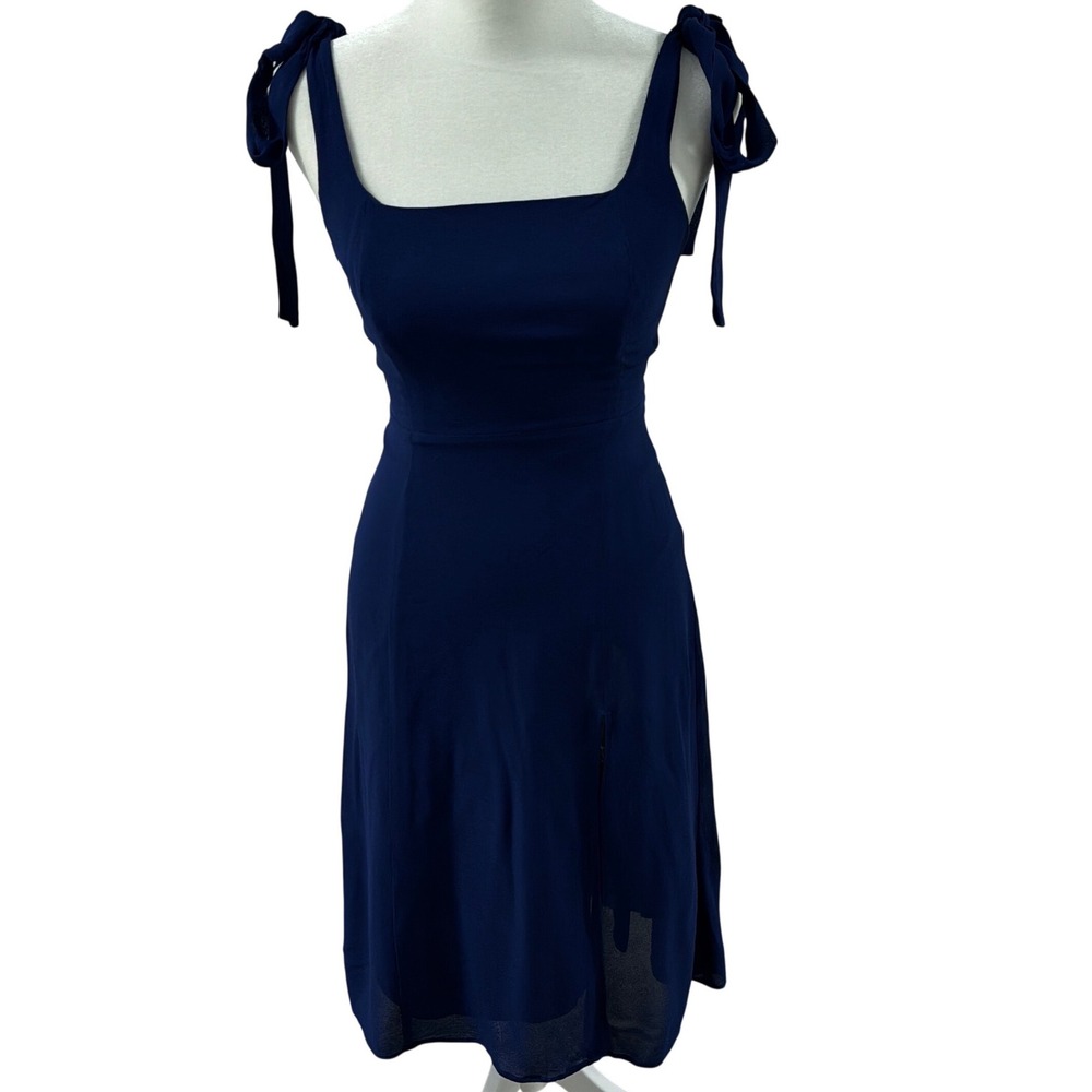 Reformation Twilighti Dress Womens 2 PetiteNavy Blue Tie Strap Smocked Back Slit